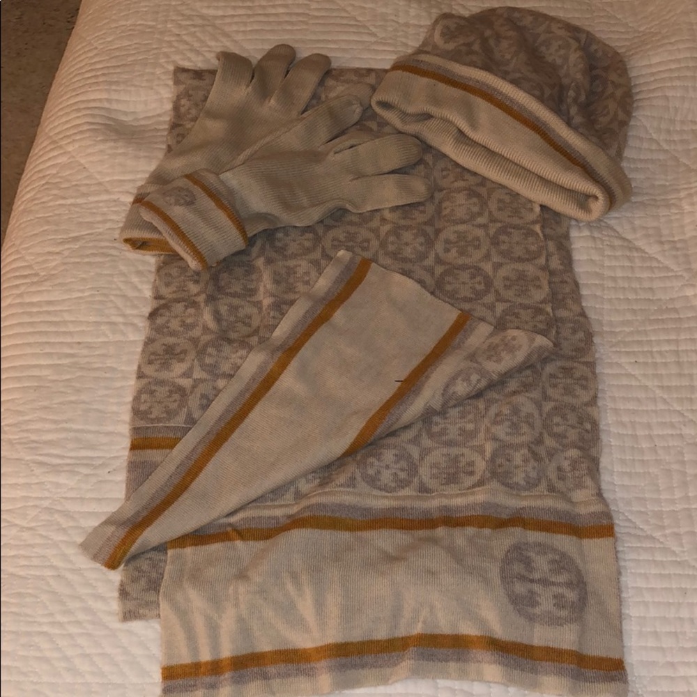 Tory Burch 100% merino wool hat, scarf and mitts